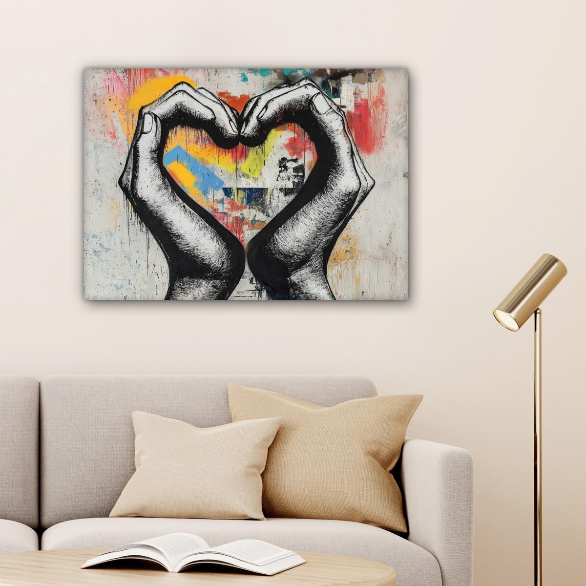 LEINWANDBILD Hände - Herz - Straßenkunst - Graffiti Wandbilder 80x60 cm - Multicolor, Textil (80/60cm) - MuchoWow