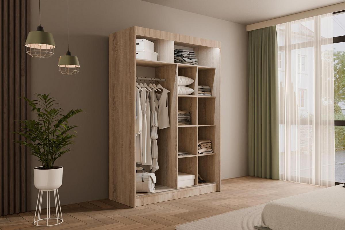 KLEIDERSCHRANK PEKA mit LED - 150 cm - Sonoma Eiche|Weiß - Weiß/Sonoma Eiche, Holzwerkstoff (150/215/61cm) - ALTDECOR