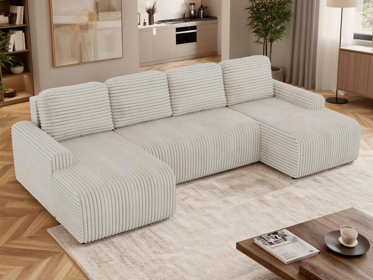 WOHNLANDSCHAFT NESSARO U Beige Cord - Beige/Schwarz, Kunststoff/Textil (312/92/151cm) - MKS