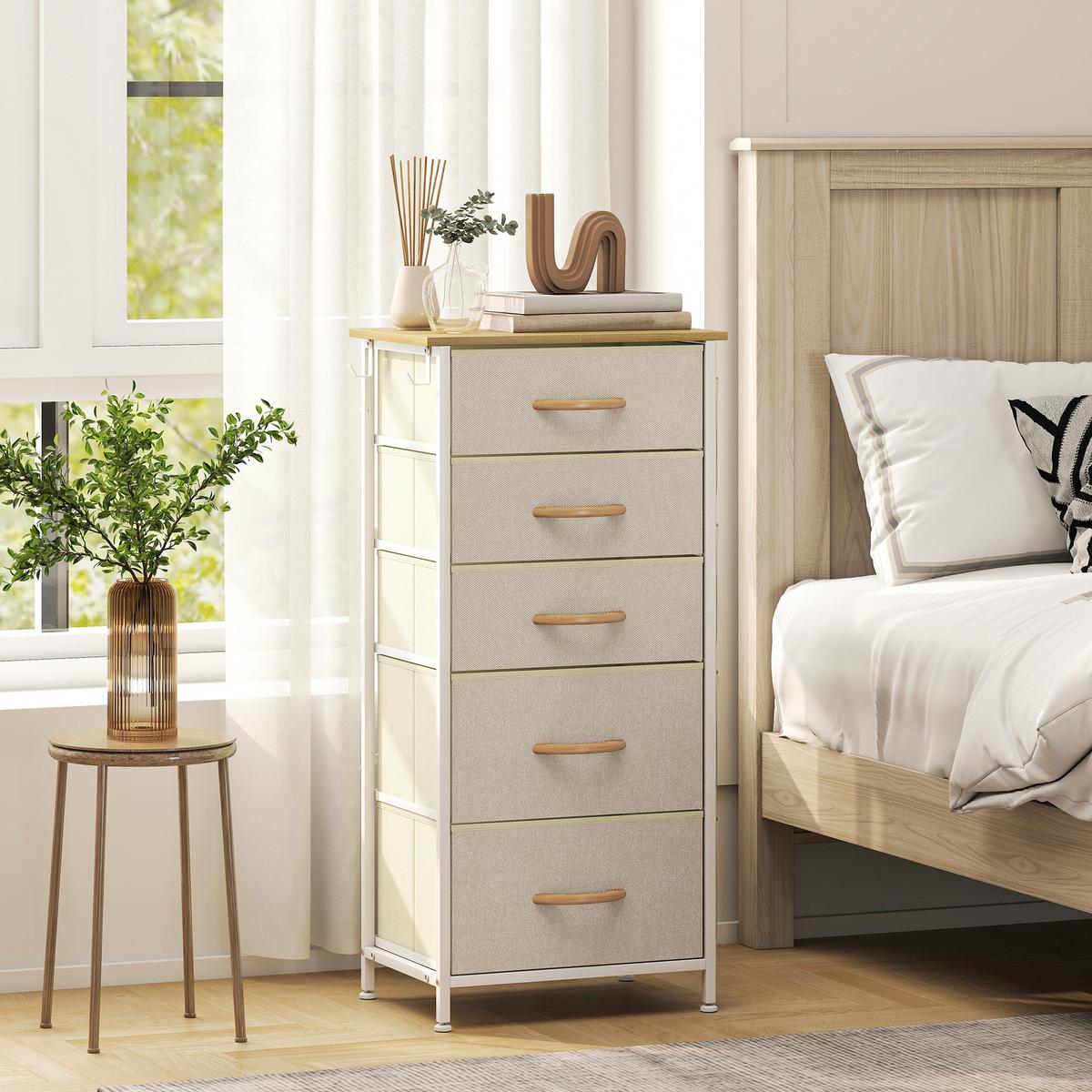 KOMMODE mit 5 Schubladen aus Vliesstoff Beige - Beige/Naturfarben, Holz/Textil (30/94.5/45cm) - HOMCOM