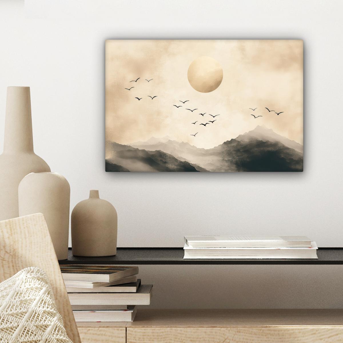 LEINWANDBILD Landschaft - Japandi - Vogel Deko Schlafzimmer 30x20 cm - Beige, Textil (30/20cm) - MuchoWow