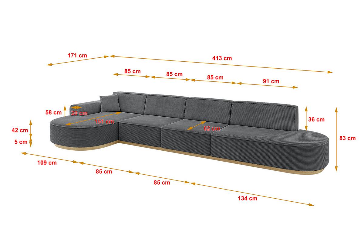 ECKSOFA Ottomane Links MARI-L3-v2 - 413x171x83 cm Dunkelgrau Cord - Dunkelgrau, Holzwerkstoff/Textil (413/171cm) - ALTDECOR