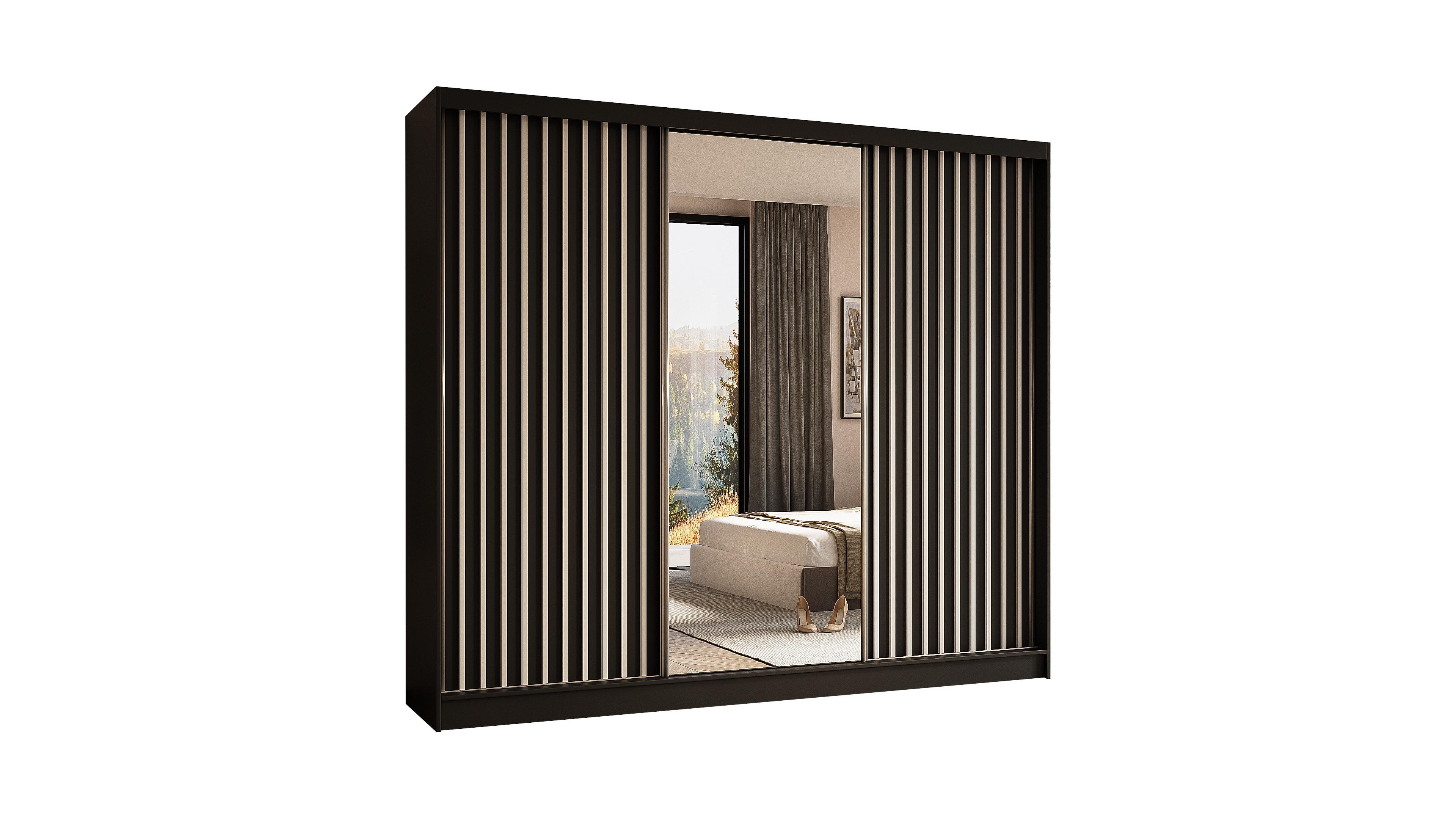 KLEIDERSCHRANK mit Spiegel-Schiebetüren und Aluminium-Leisten, LED-Beleuchtung - LAMELO - 240 cm Schwarz+Schwarz+Weiß - Schwarz/Weiß, Holzwerkstoff (240/216/61cm) - ALTDECOR