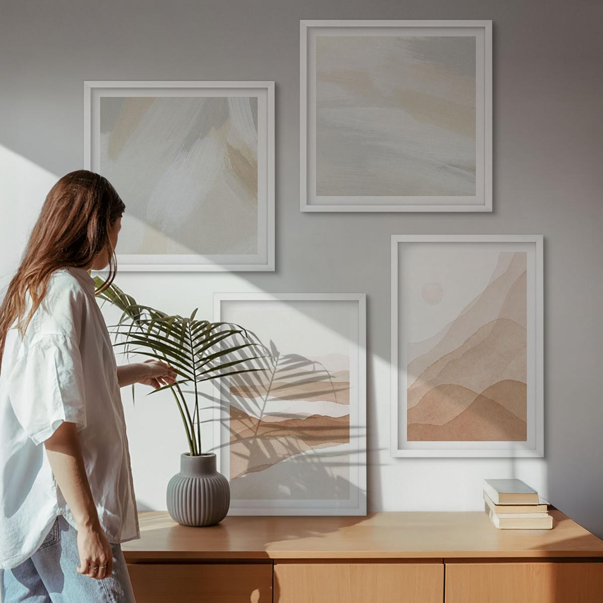 BILDER SET 4er Set - 50x50 cm & 40x60 cm Weißer Rahmen - Abstrakte braune Landschaften - Weiß, Kunststoff (50/50cm) - TULUP