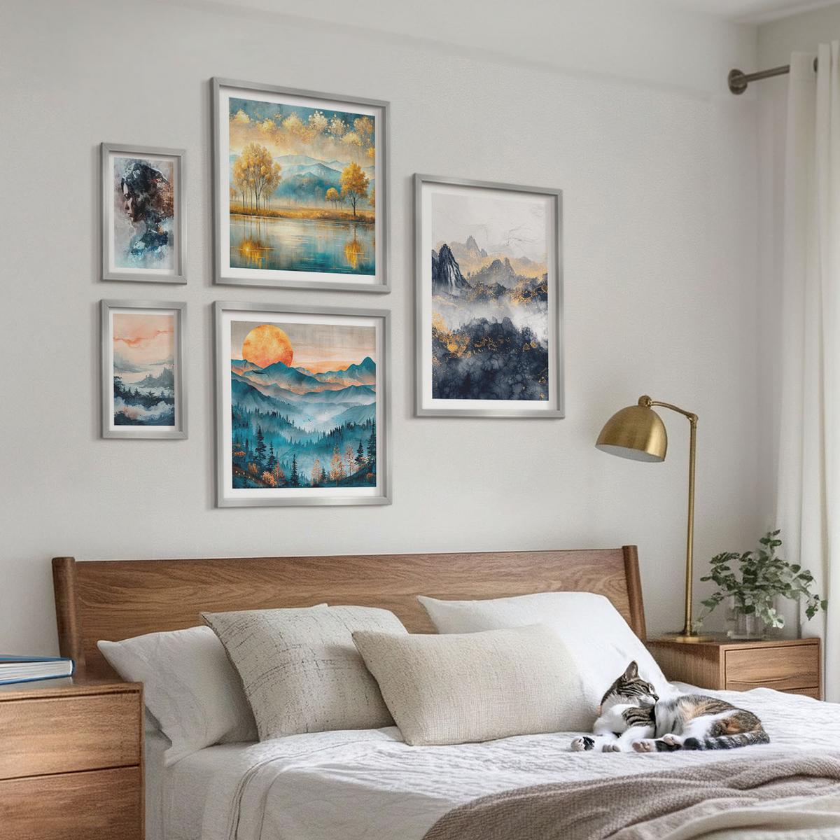 BILDER SET 5er Set - 50x50 cm & 20x30 cm & 40x60 cm Silberner Rahmen - Tropische Pflanzen, Vögel, Natur - Silberfarben, Kunststoff (40/60cm) - TULUP