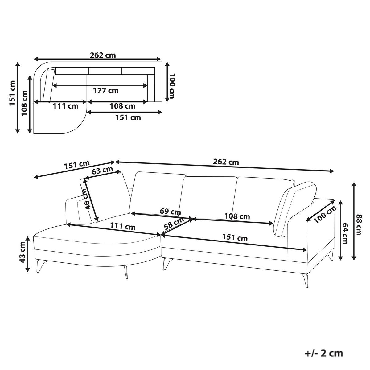 ECKSOFA 3-Sitzer Kunstleinen Grau rechtsseitig Yuri - Grau, Textil (262/151cm) - Beliani