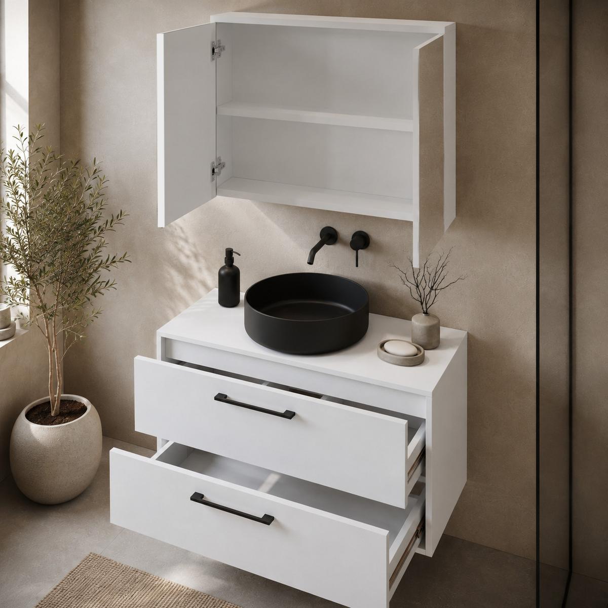 BADMÖBEL-SET Florence 2 Teile Hochglanz Weiß - 80 x 46 x 46 cm - Weiß, Holz (80/46/46cm) - Badplaats