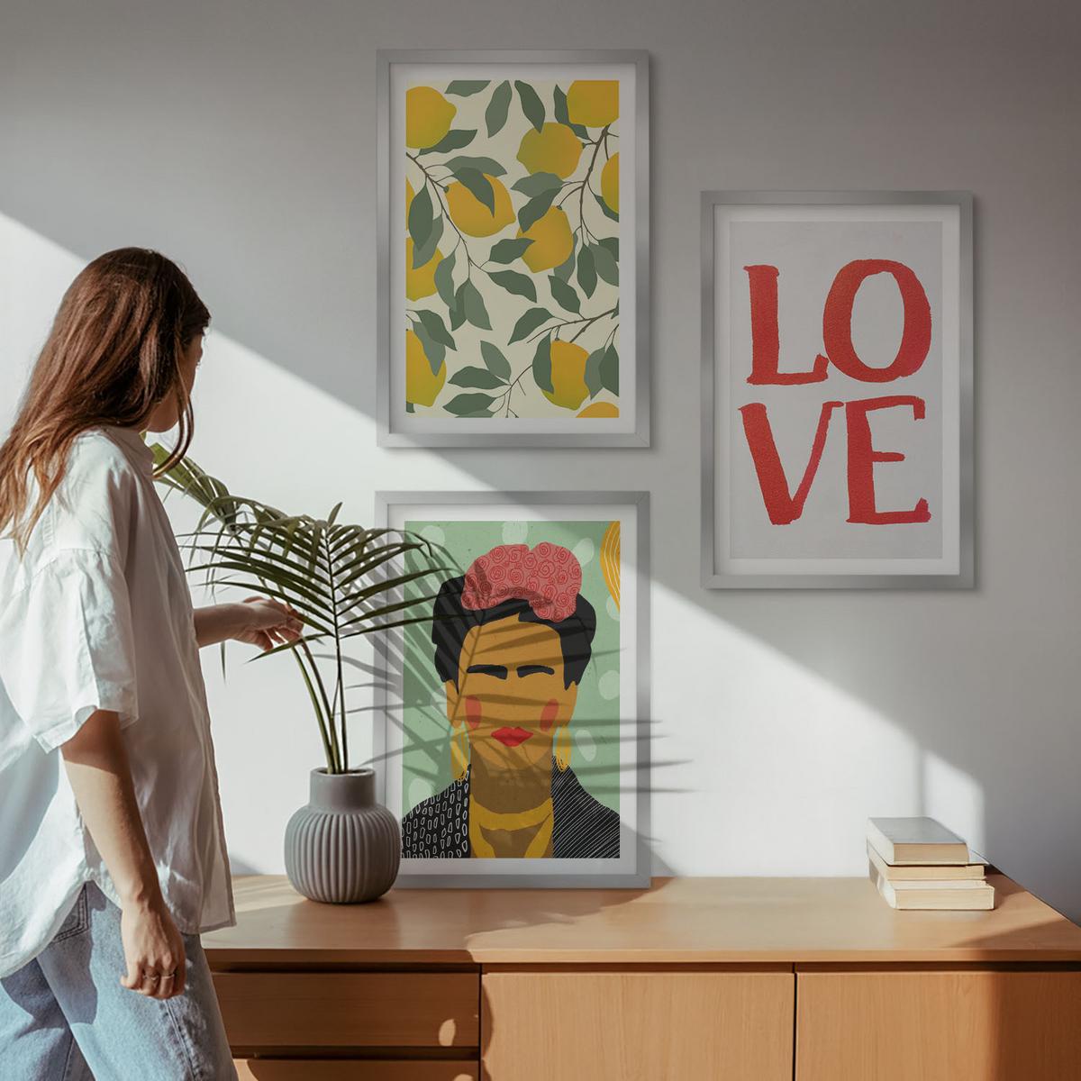 BILDER SET 3er Set - 40x60 cm Silberner Rahmen - Lemons LOVE Porträt von Frida - Silberfarben, Kunststoff (40/60cm) - TULUP