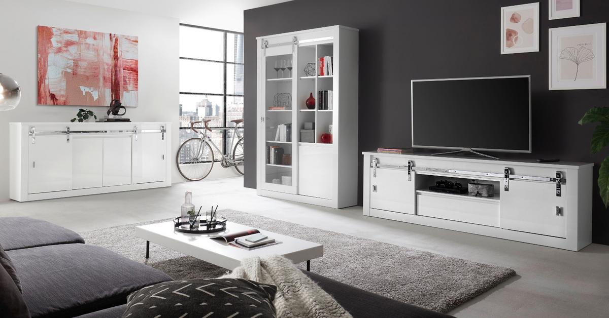 VITRINE weiß Hochglanz 133 x 201 cm, Vitrinenschrank inklusive LED-Beleuchtung, Soft-Close - Chromfarben/Weiß Hochglanz, Glas/Holzwerkstoff (133/153/38cm) - Furn.Design