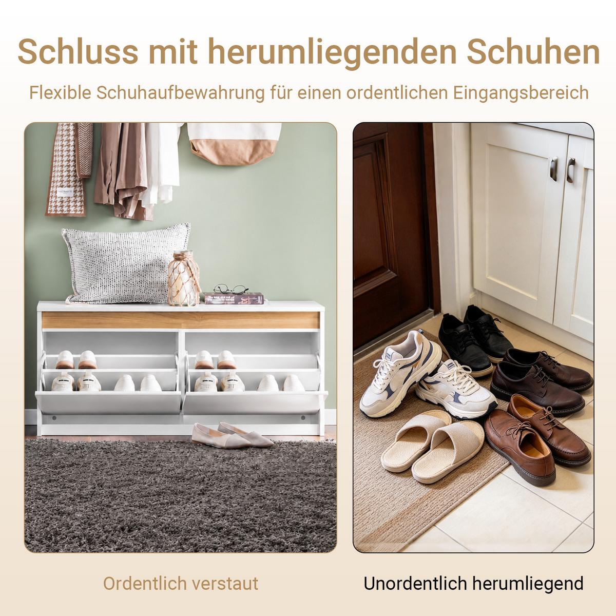 SCHUHBANK mit 2 Klappen, 104x47x30 cm, Weiß mit Holz-Sitzfläche, 8 Paar Schuhe, für Flur, Diele & Schlafzimmer - Weiß, Holzwerkstoff (104/47/30cm) - SoBuy