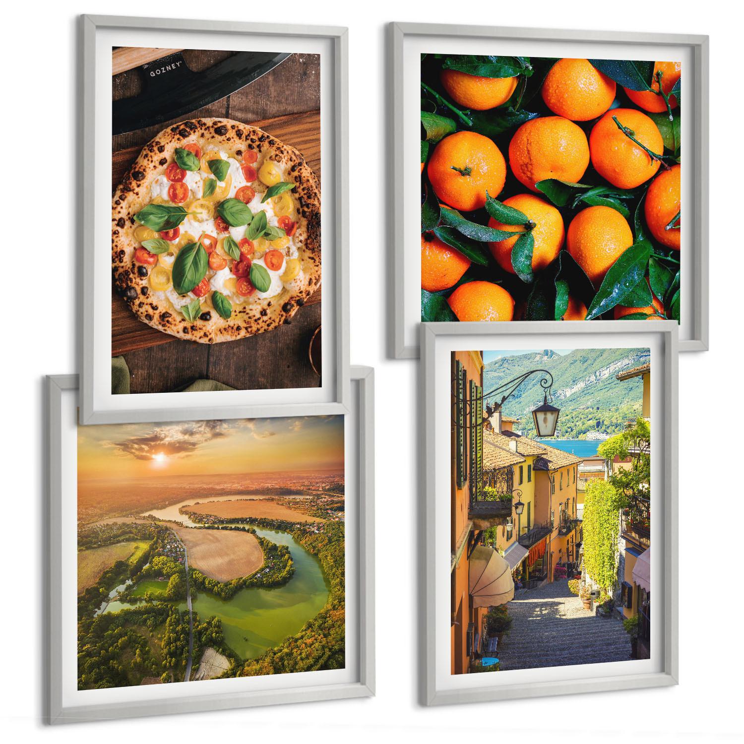 BILDER SET 4er Set - 50x50 cm & 40x60 cm Silberner Rahmen - Italienische Flüsse, Hügel, Straße - Silberfarben, Kunststoff (50/50cm) - TULUP