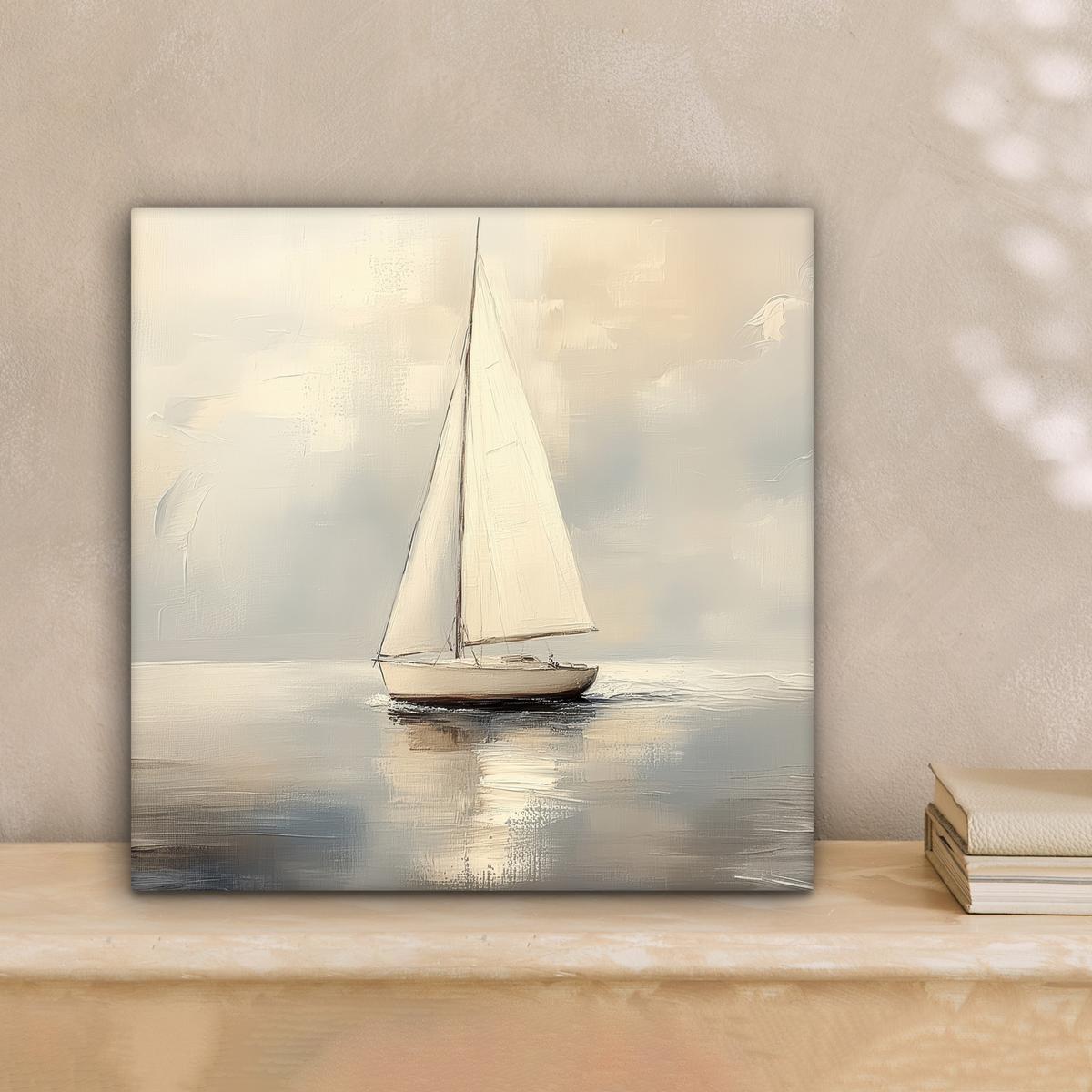 LEINWANDBILD Segelschiff - Meer - Bewölkt Deko Wohnzimmer 20x20 cm - Creme, Textil (20/20cm) - MuchoWow