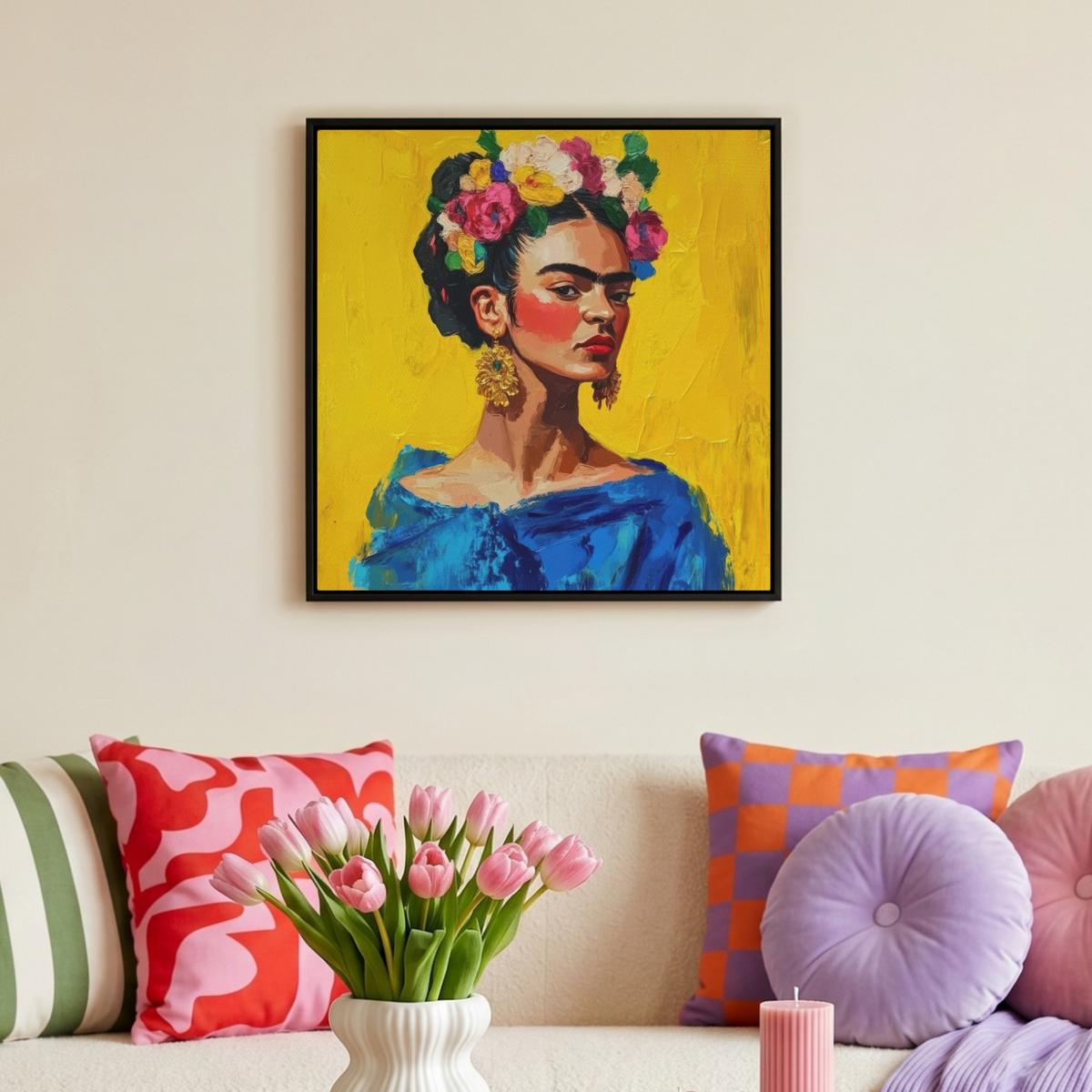 LEINWAND Bilder mit Rahmen - Frida Kahlo - Frau - Gelb - Blau - Blumen - 50x50 - Gelb, Textil (50/50cm) - MuchoWow