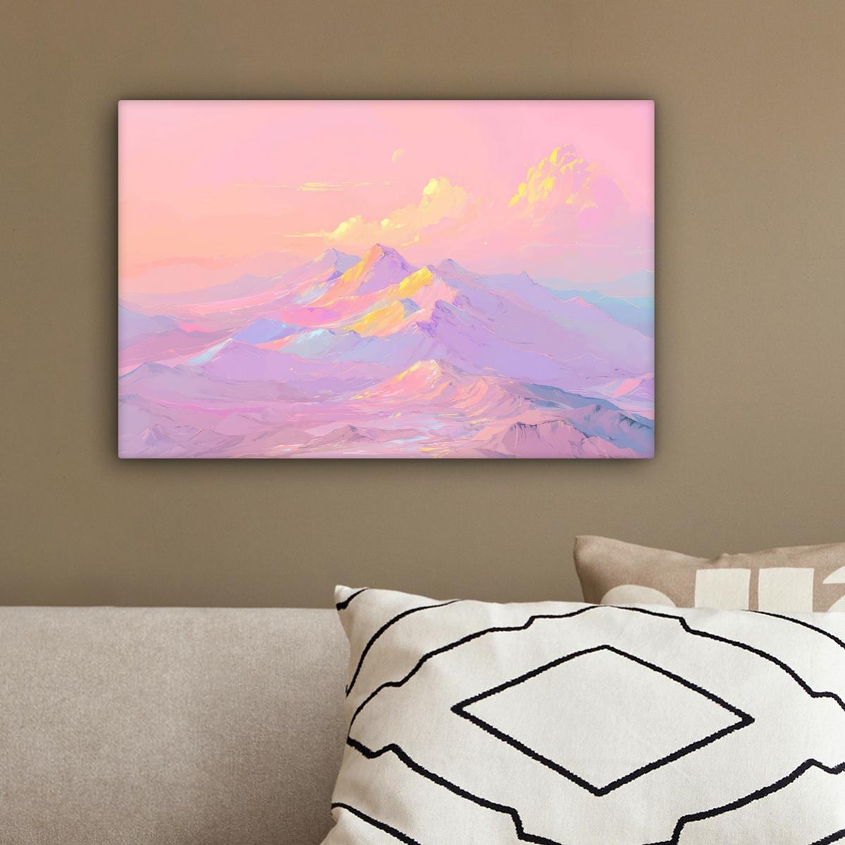 LEINWANDBILD Berggipfel - Wolken - Verträumt Deko Schlafzimmer 30x20 cm - Hellrosa, Textil (30/20cm) - MuchoWow