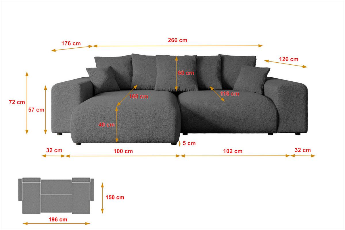ECKSOFA Ottomane rechts ESKAR-L 266x176x72 Platinfarben Bouclé - Platinfarben/Schwarz, Holzwerkstoff/Kunststoff (176/266cm) - ALTDECOR