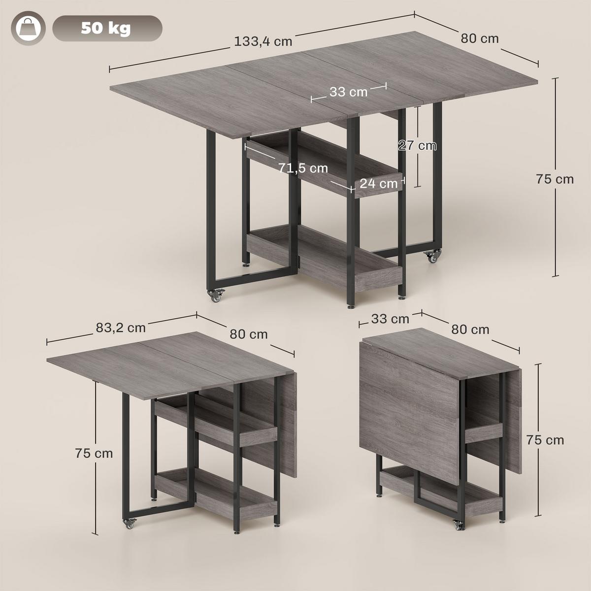 ESSTISCH Klappbar Küchentisch für 2-4 Personen mit 2 Offenen Ablagen, Rollen - Grau, Holz (133.4/80/75cm) - HOMCOM