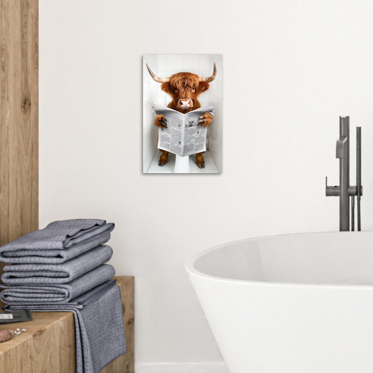 LEINWANDBILD Schottischer Highlander - Tier - Zeitung - Toilette Deko Wohnzimmer 20x30 cm - Kastanienfarben, Textil (20/30cm) - MuchoWow