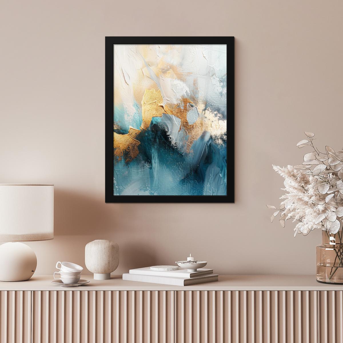POSTER MIT RAHMEN Abstrakt - Kunst - Gold - Blau Bilderrahmen 30x40 cm - Petrol, Papier (30/40cm) - MuchoWow