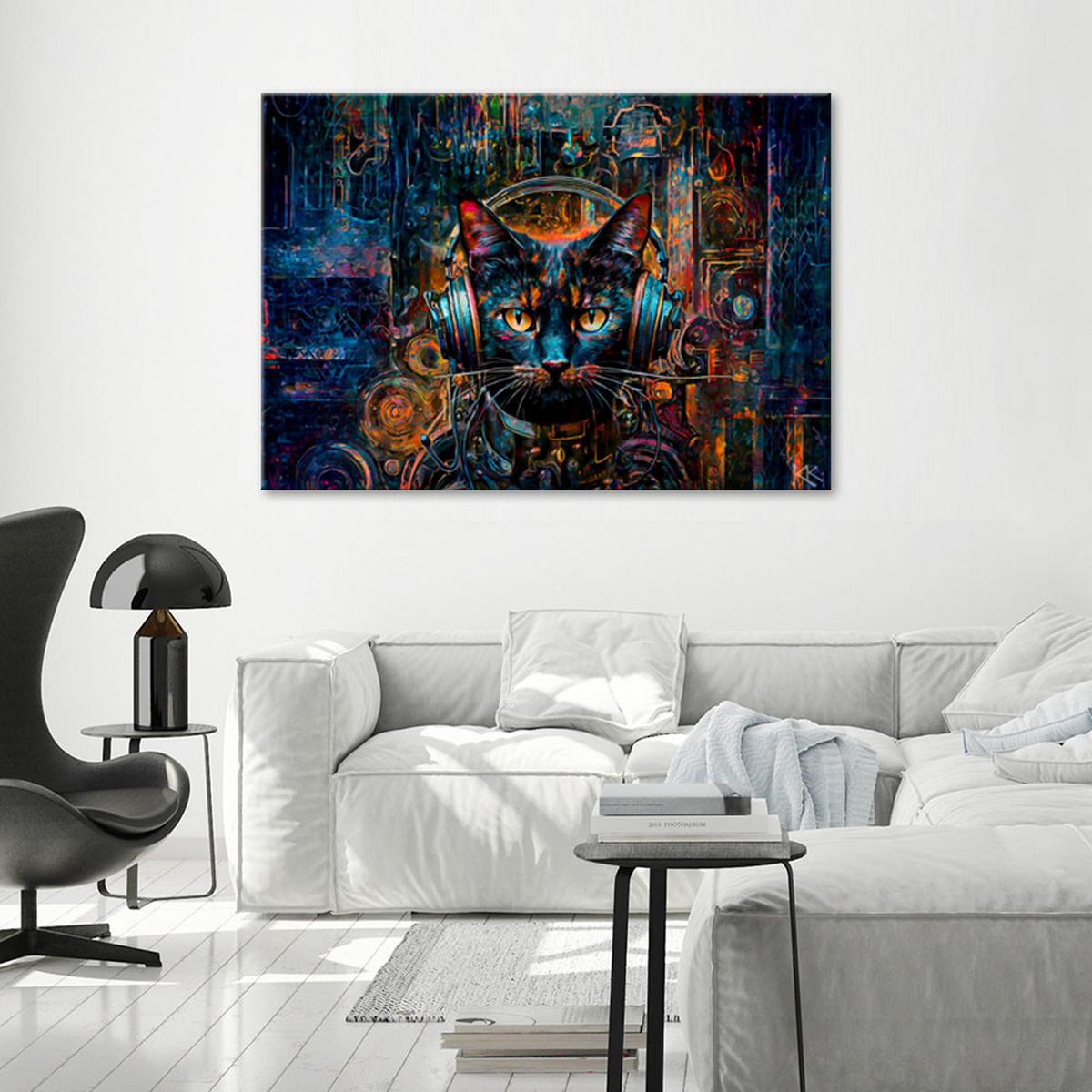 LEINWANDBILD DJ Katze in abstrakten Farben 60x40cm - Blau, Textil (60/40cm) - Feeby