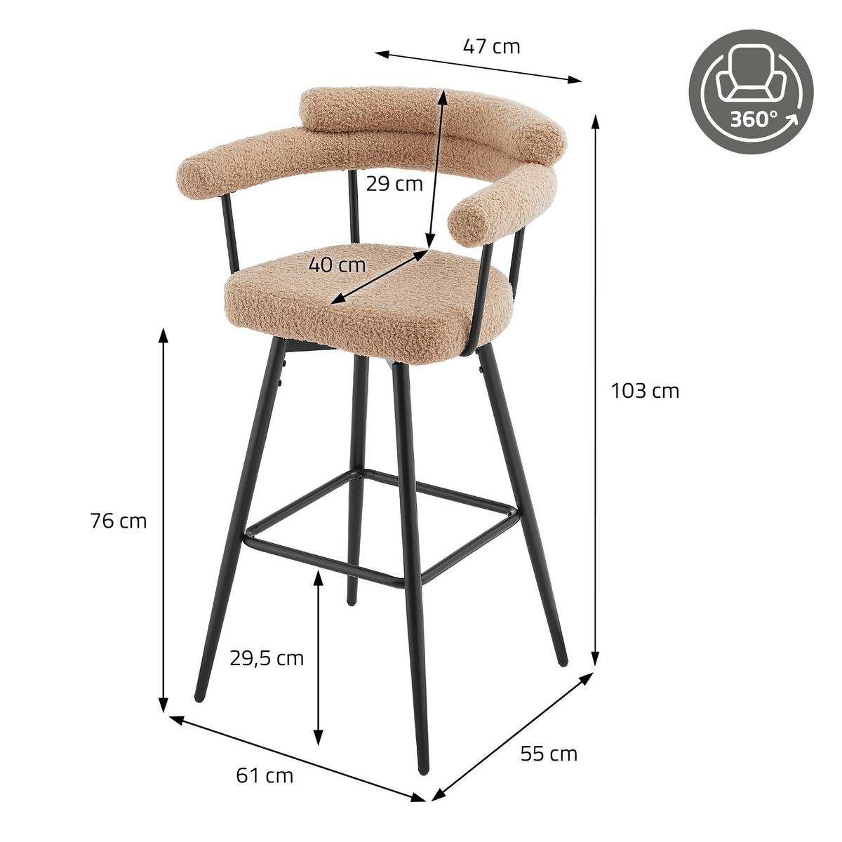 BARHOCKER 2er Set drehbar Braun mit Teddy-Stoff 76 cm hoch - Schwarz/Braun, Textil/Metall (61/103/55cm) - ML-DESIGN