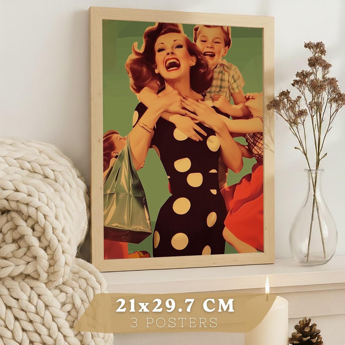 POSTER 3er Bilder-Set Wandbilder Retro Pin-up modern Wohnzimmer Deko, Schlafzimmer, Küche, Badezimmer Leichter Holzrahmen A4 - Beige, Papier (29.7/1/21cm) - Nacnic
