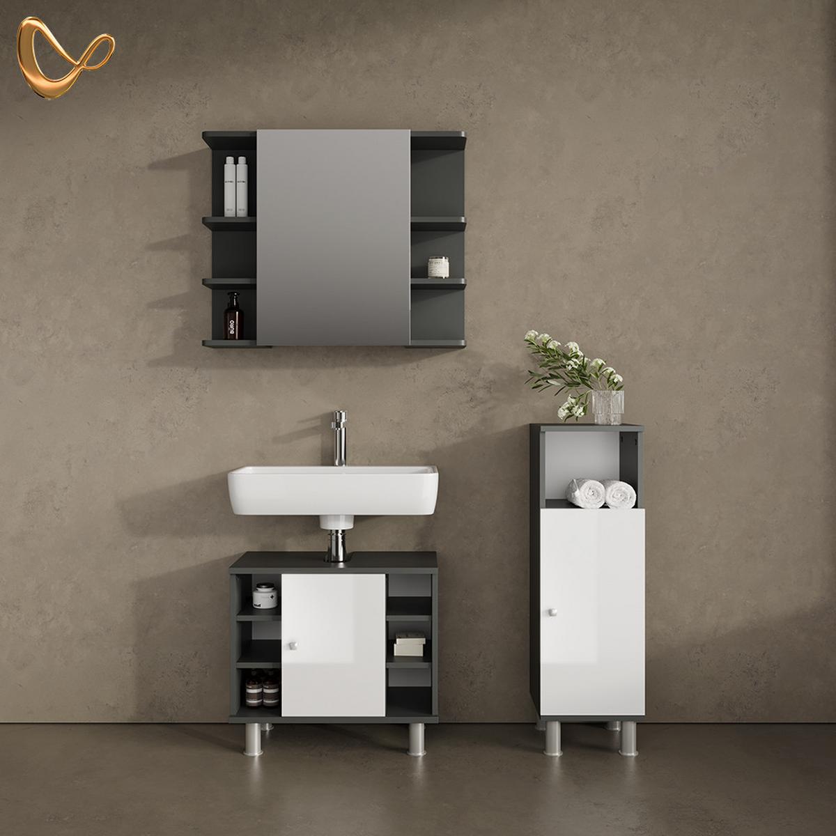 BADMÖBEL-SET Fucino Anthrazit 3 Teile, mit Midischrank - Anthrazit, Holzwerkstoff (80/64/21cm) - Livinity®