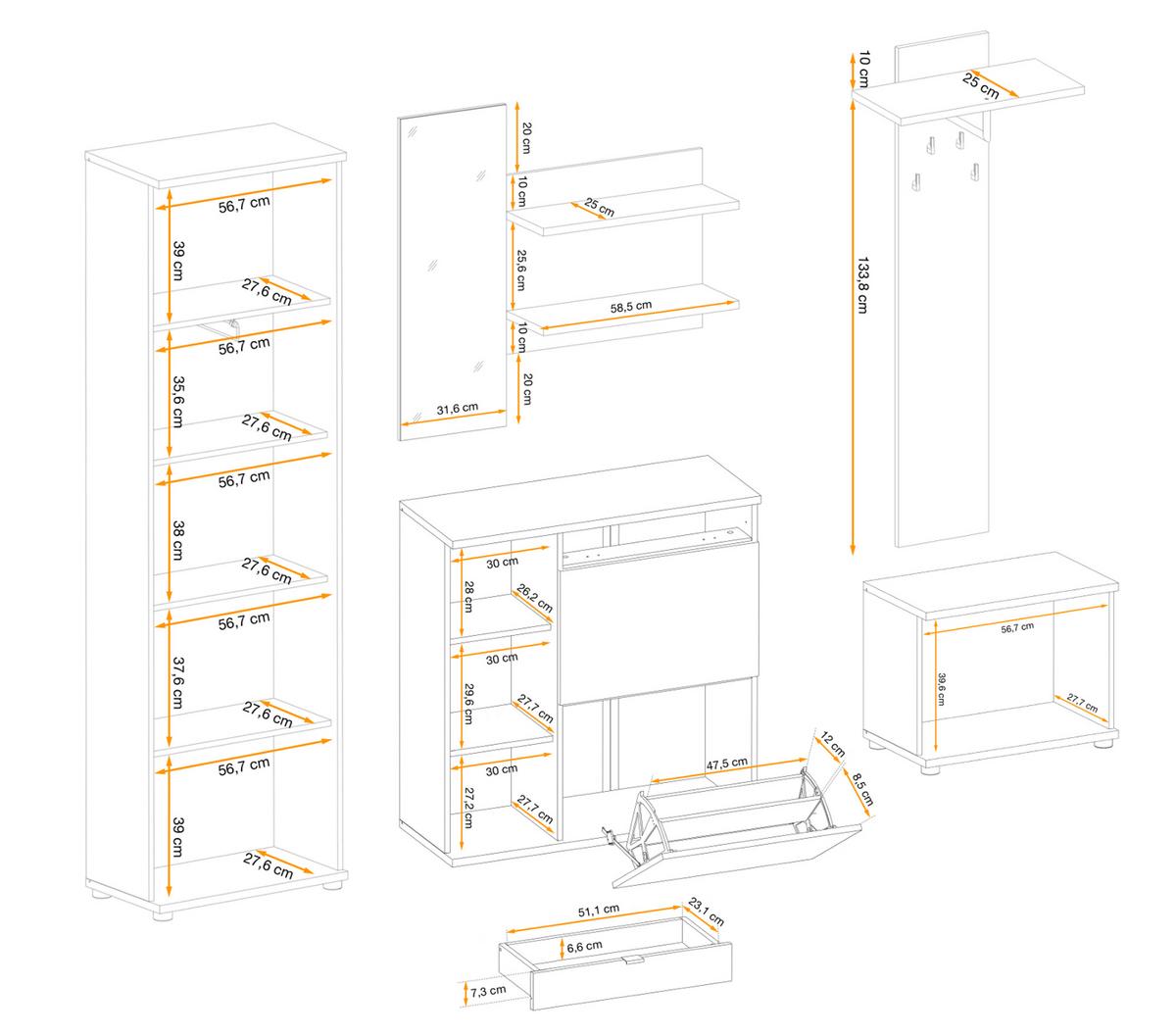 GARDEROBE Set 3-teilig Eiche Jackson, schwarz 250 cm, Garderobenkombination mit 3D-Lamellen - Eichefarben/Schwarz, Holzwerkstoff/Kunststoff (230/202/35cm) - Furn.Design