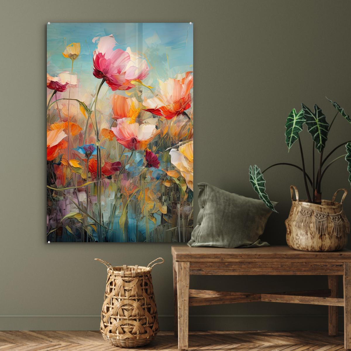 ACRYLGLASBILD Blumen - Aquarell - Kunst - Botanisch - Natur 80x120 cm - Orange, Glas (80/120cm) - MuchoWow