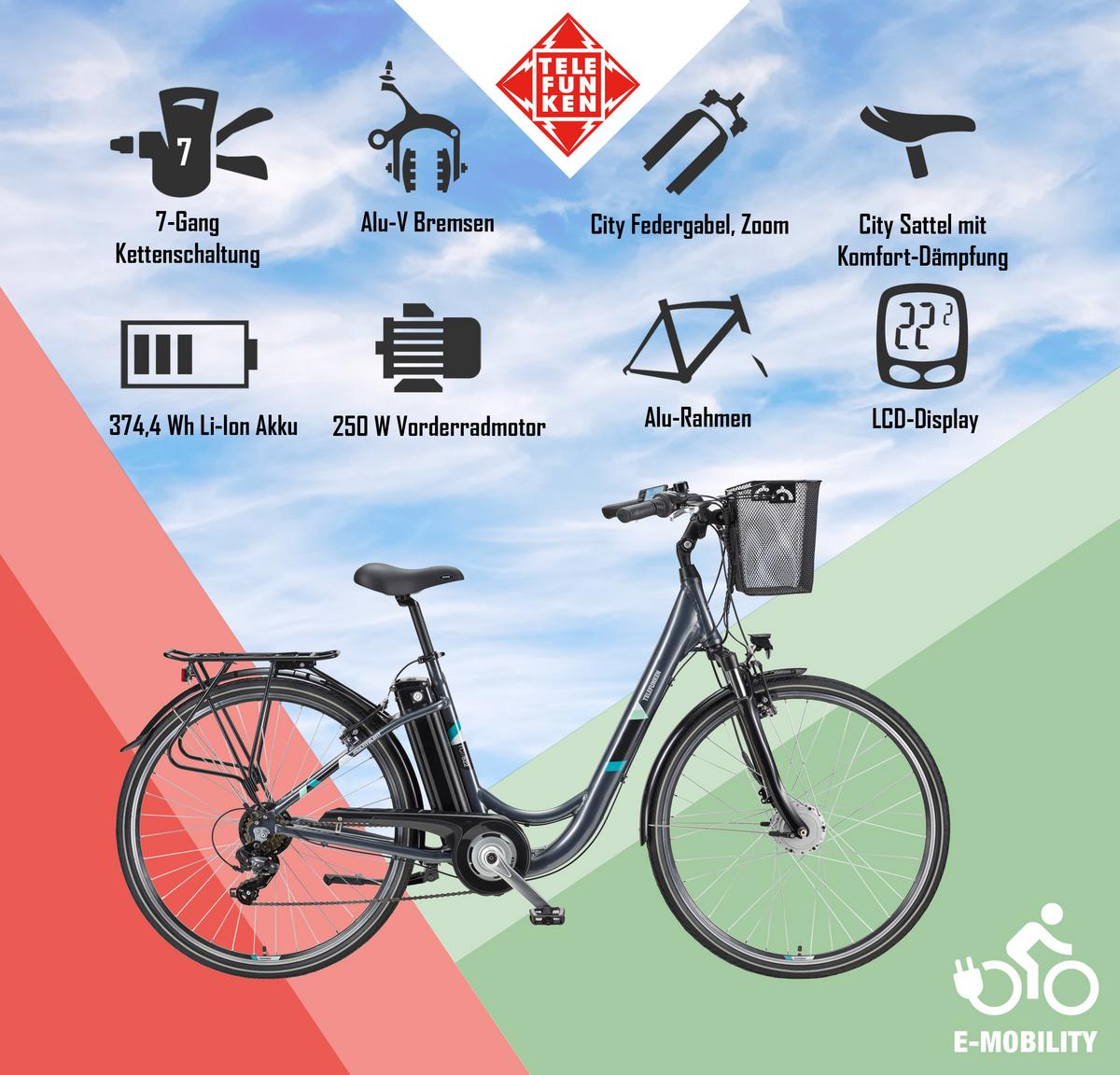 E-BIKE Cityrad Multitalent RC822 Für Damen u. Herren 374,4 Wh Frontmotor 7-Gang-Kettenschaltung 28 Zoll - Anthrazit, Metall (114.5cm) - Telefunken