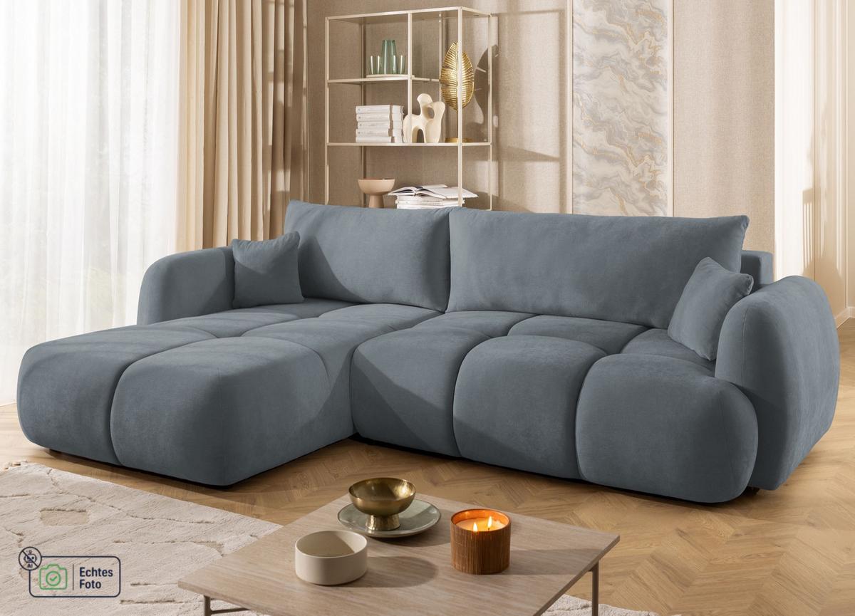 ECKSOFA Loretto aus natürlichem Dunkelgrau Webstoff mit Schlaffunktion, Bettkasten und tiefen Steppungen in Bubble-Optik - Dunkelgrau/Schwarz, Holz/Kunststoff (180/275cm) - S-Style