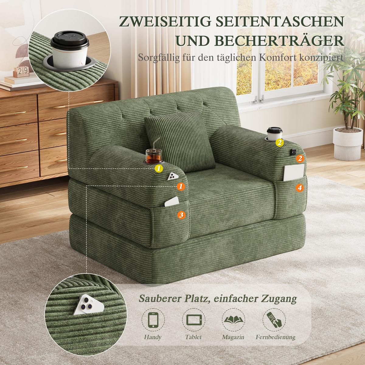 SCHLAFSOFA Cord mit Schlaffunktion, Getränkehalter & Taschen - Grün, Textil (107/81/80cm) - Urban Meuble