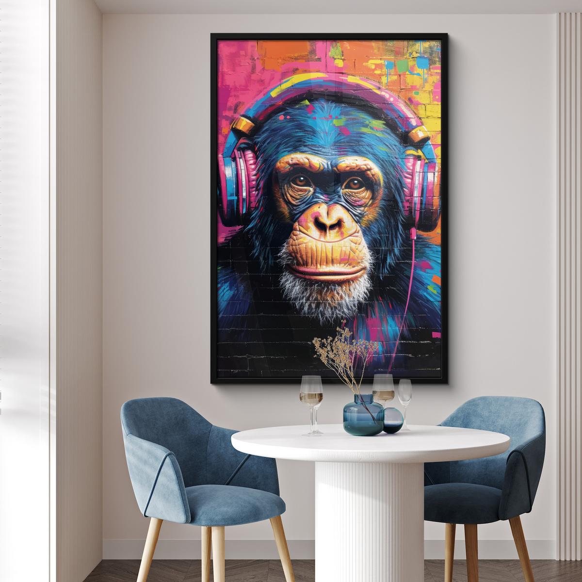 POSTER MIT RAHMEN Graffiti - Schimpanse - Straßenkunst - Kopfhörer - Affe Bilderleiste 80x120 cm - Blau, Papier (80/120cm) - MuchoWow