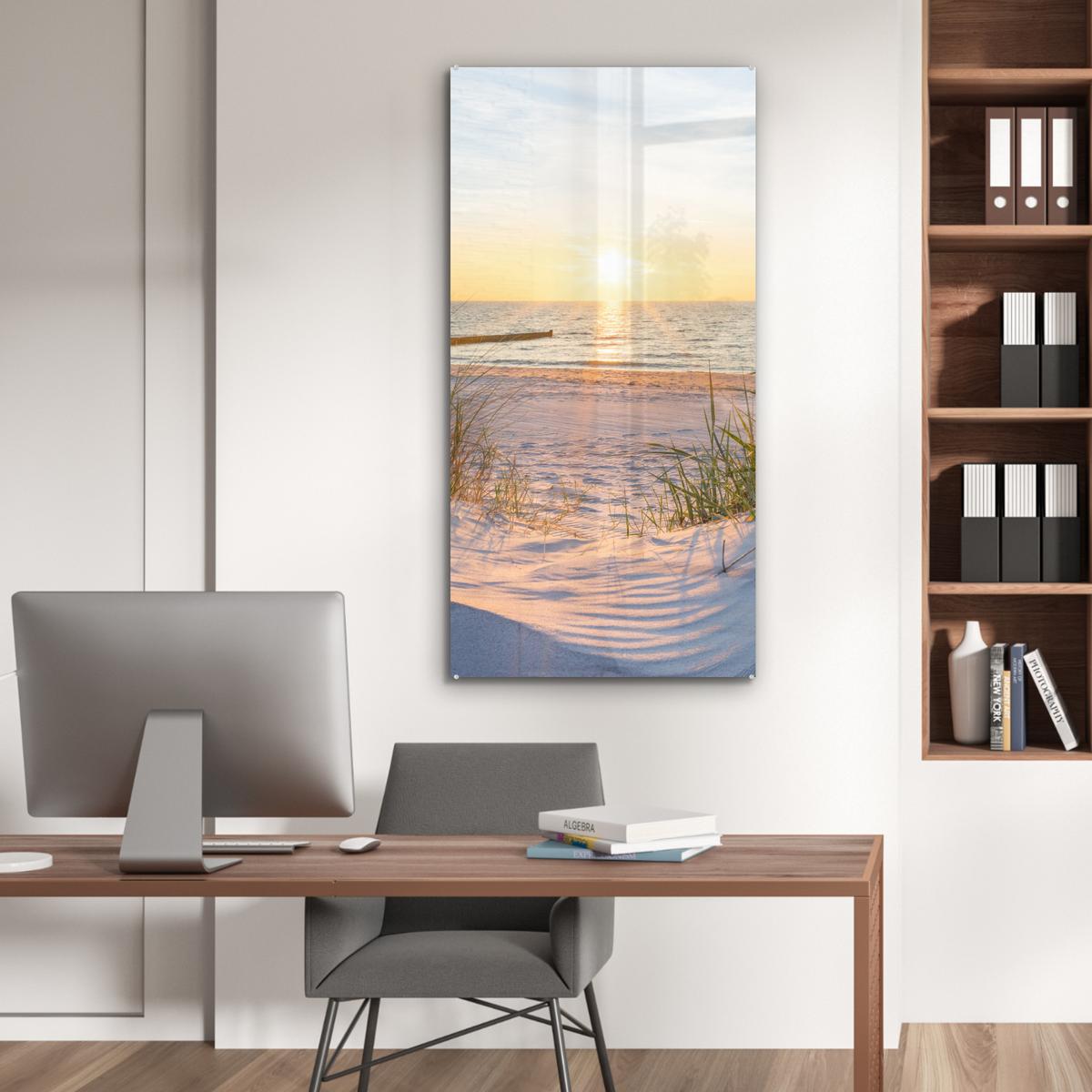 ACRYLGLASBILD Strand - Sonne - Düne - Gras - Sand - Horizont 60x120 cm - Hellblau, Glas (60/120cm) - MuchoWow