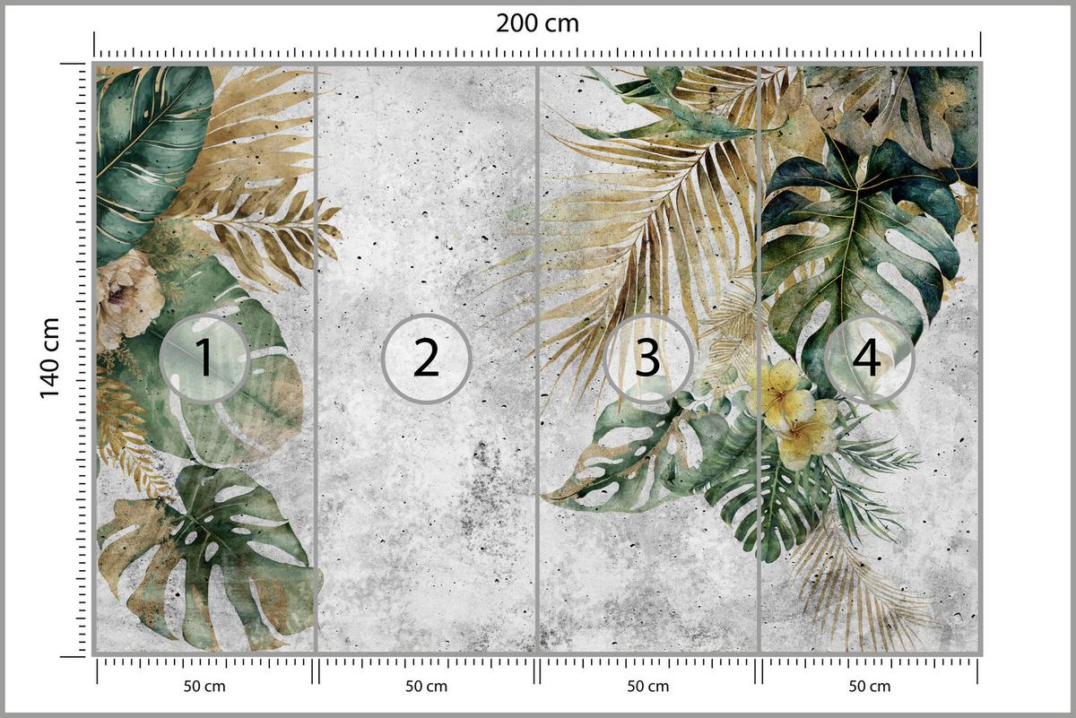 FOTOTAPETE für Wohnzimmer Tropische Blätter Blumen auf Grauer Beton 200x140 - Braun/Grau, Papier (200/140cm) - Muralo
