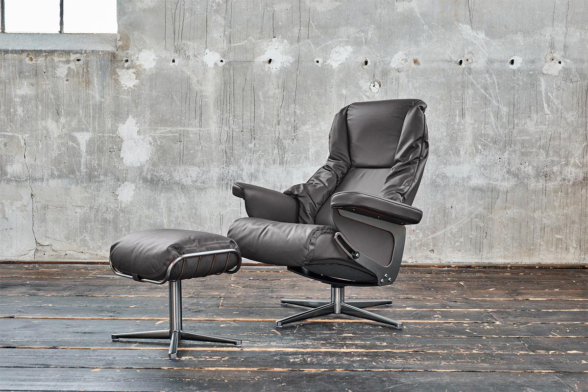 RELAXSESSEL MIT HOCKER MODO Grau Leder - Dunkelgrau/Silberfarben, Leder/Metall (81/98/90cm) - KAWOLA