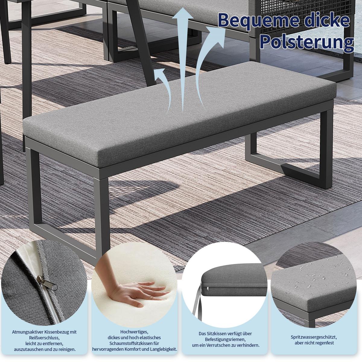 LOUNGEGARNITUR 6-tlg. PE-Rattan Grau Ecksofa mit Tisch & Bank für Terrasse - Grau, Textil - Urban Meuble