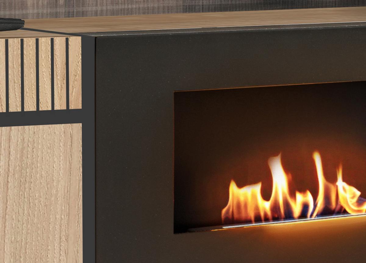 WOHNWAND Eiche Hickory, schwarz 340 cm, Schrankwand mit Kamin, inkl. LED-Beleuchtung - Eichefarben/Schwarz, Glas/Holzwerkstoff (340/197/50cm) - Inn.Furn