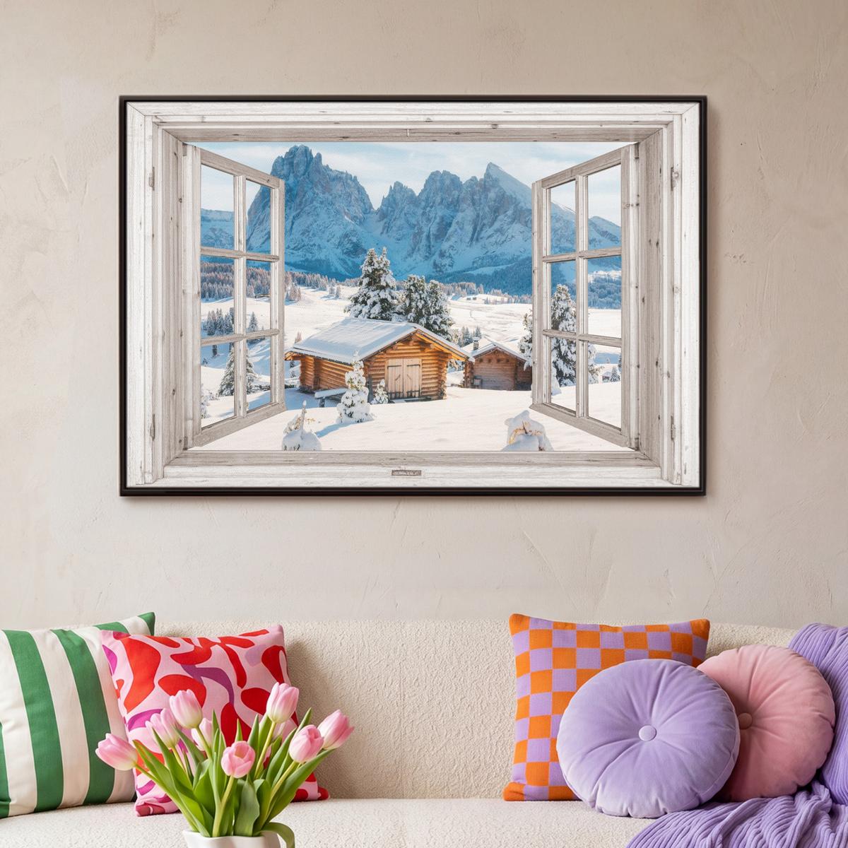 LEINWAND Bilder mit Rahmen - Winterlandschaft - Hütte - Berge - Ausblicke - Aussicht - Natur - 90x60 - Weiß Hochglanz, Textil (90/60cm) - MuchoWow