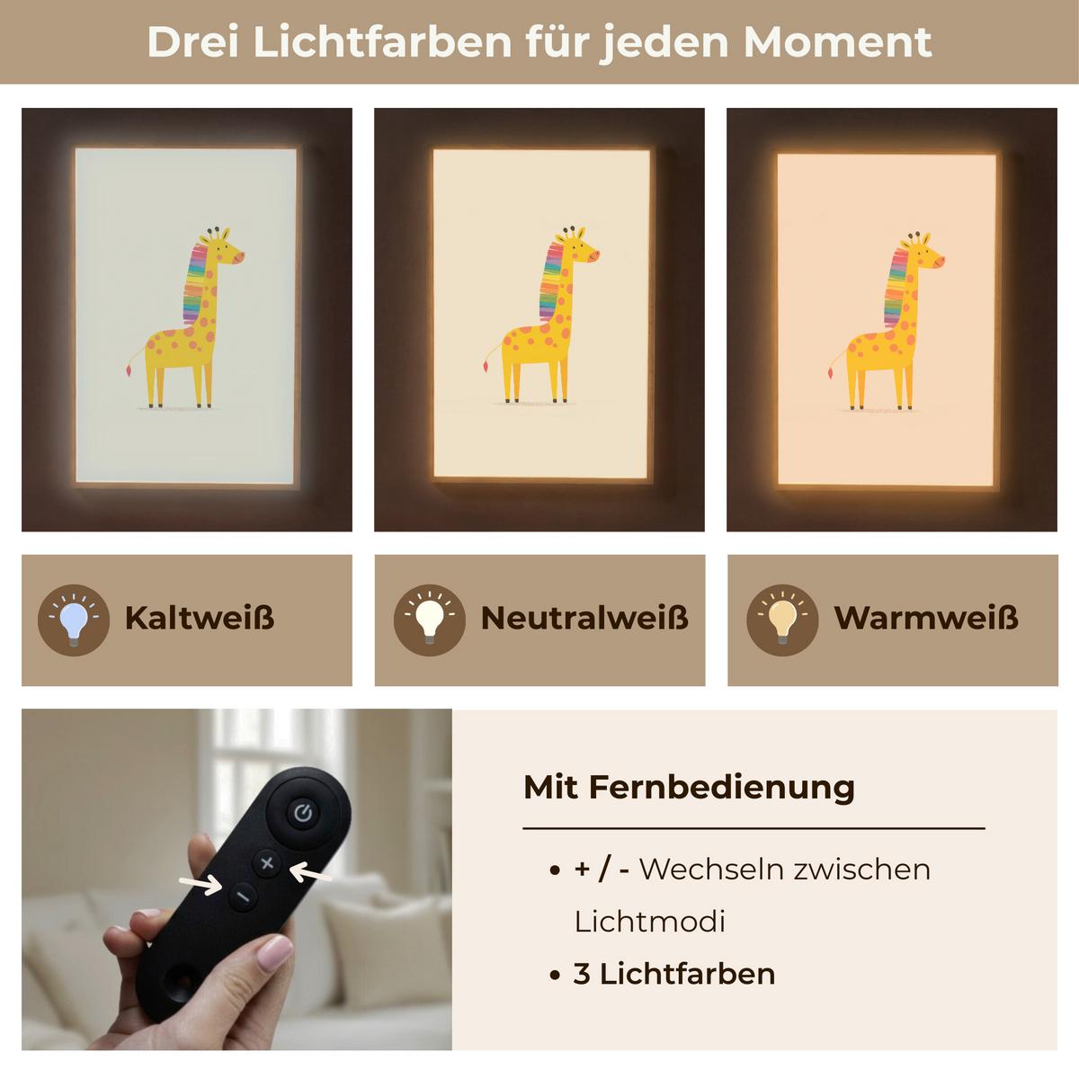 NACHTTISCHLAMPE MIT AKKU Giraffe - Regenbogenmähne - Beige 60x90 cm - Beige, Holzwerkstoff (8/60/90cm) - OnlyWow