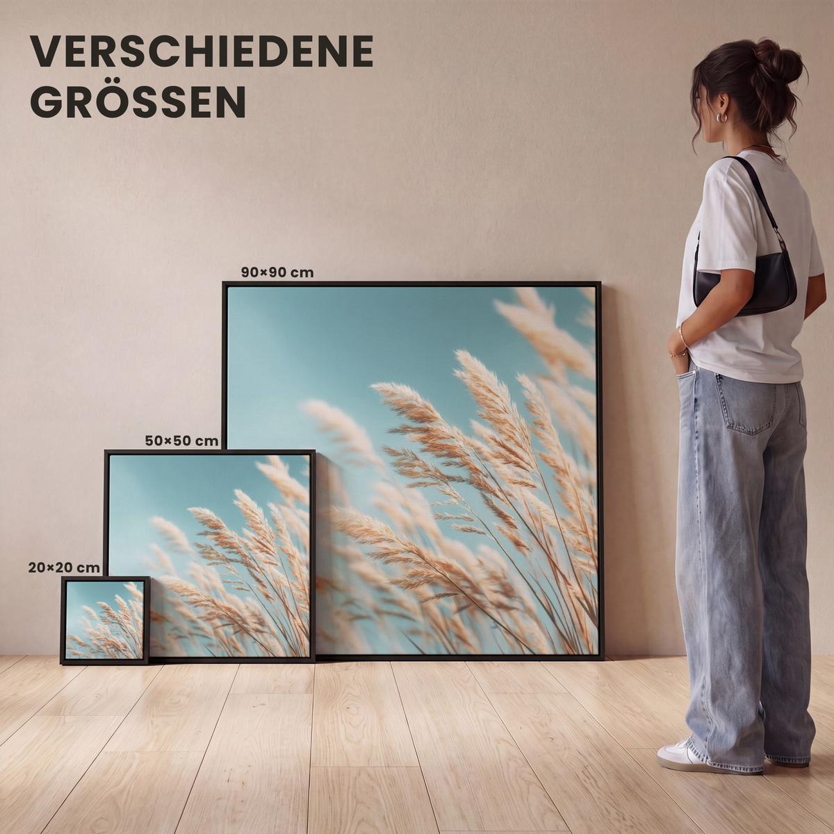 LEINWAND Bilder mit Rahmen - Ziergras - Wind - Hellbraun - 50x50 - Hellblau, Textil (50/50cm) - MuchoWow
