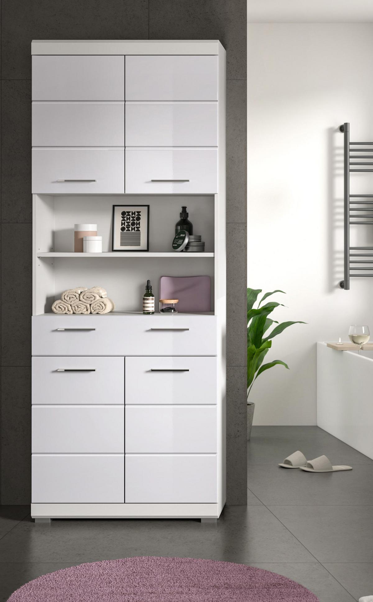 HOCHSCHRANK weiß Hochglanz 74 x 191 cm, Badschrank mit viel Stauraum - Weiß Hochglanz/Silberfarben, Holzwerkstoff/Kunststoff (74/191/31cm) - Inn.Furn