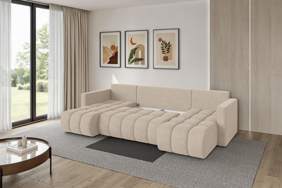 WOHNLANDSCHAFT mit Schlaffunktion und Bettkasten GARD-U 300x146x85 Beige Velours - Schwarz/Sahara, Holzwerkstoff/Kunststoff (300/85/146cm) - ALTDECOR