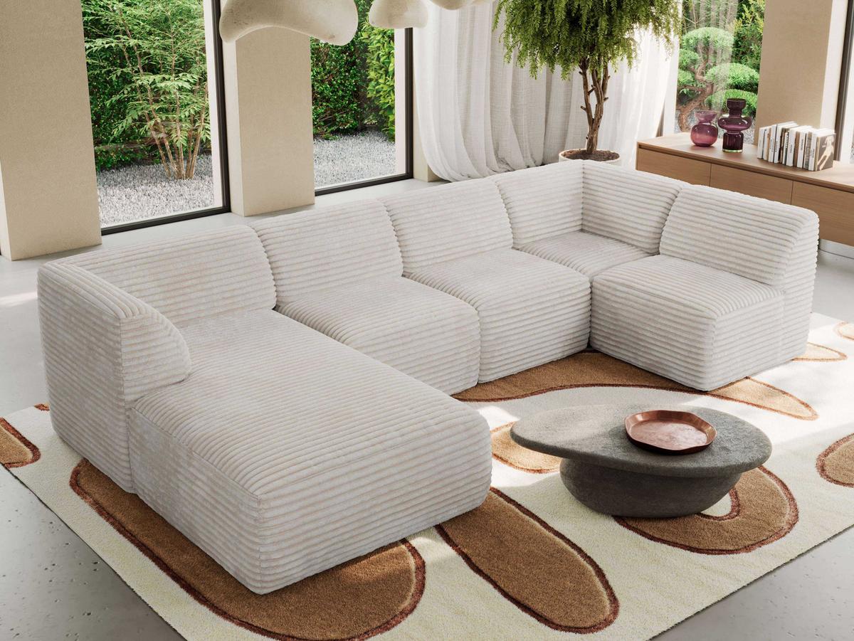 WOHNLANDSCHAFT MODARO U 5M - Beige Cord - Links - Beige/Schwarz, Textil (180/78/345cm) - MKS