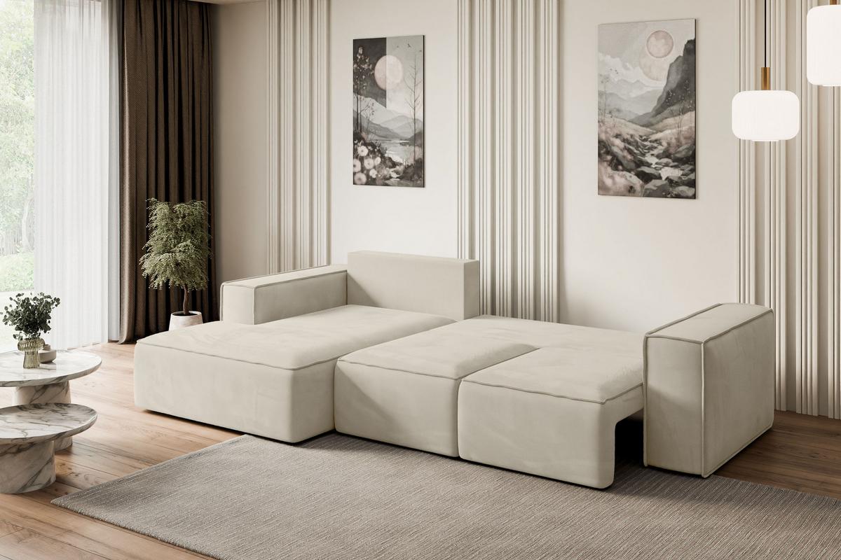 ECKSOFA mit Schlaffunktion und Bettkasten SERRA-L-S - 266x161x87 cm Beige Velours - Beige/Schwarz, Holzwerkstoff/Kunststoff (266/161cm) - ALTDECOR