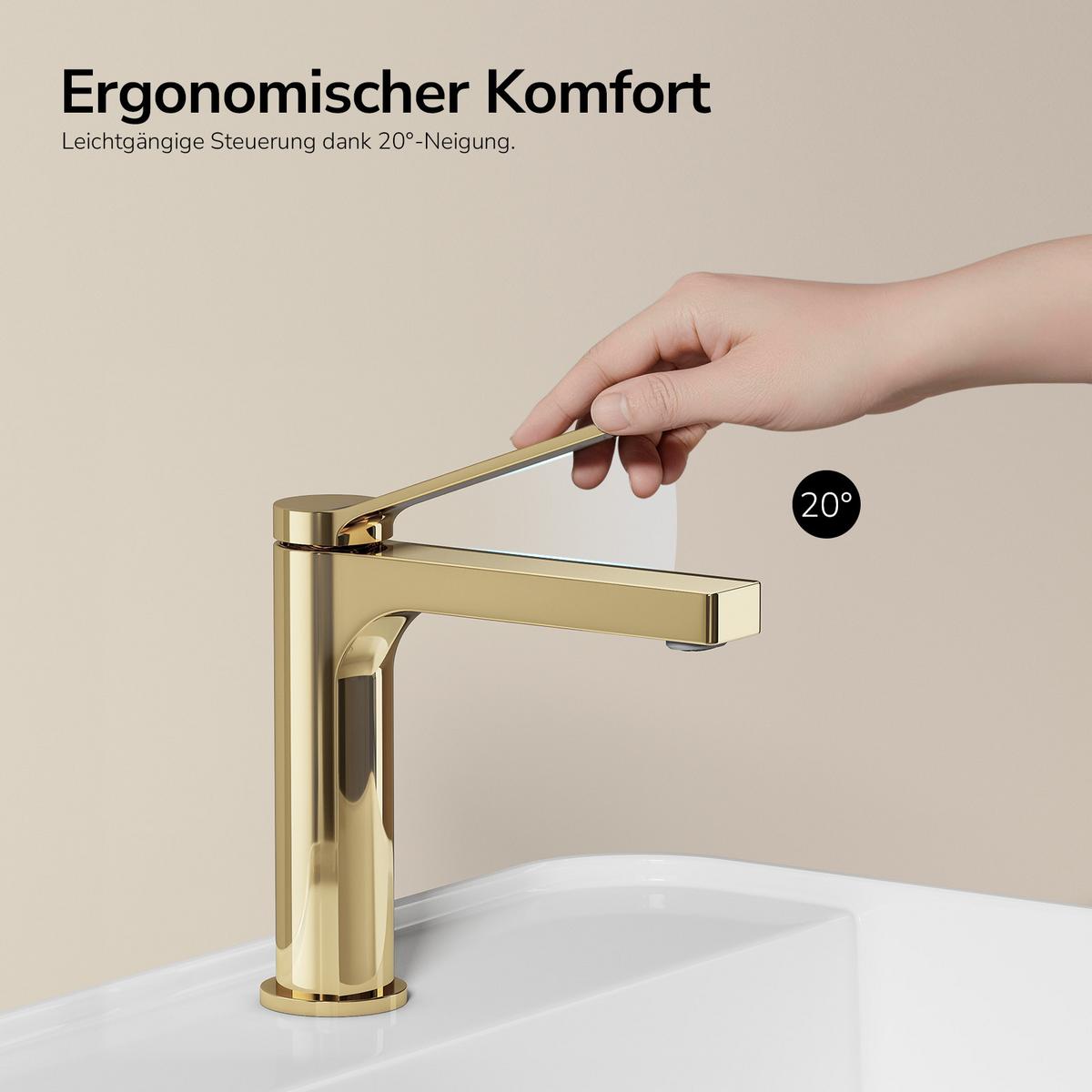 WASCHTISCHARMATUR mit Spulen-Zertifiziertem Filterelement Champagnergold 17,3/19,5 cm - Goldfarben, Metall (17.3/4.6/19.5cm) - EMKE