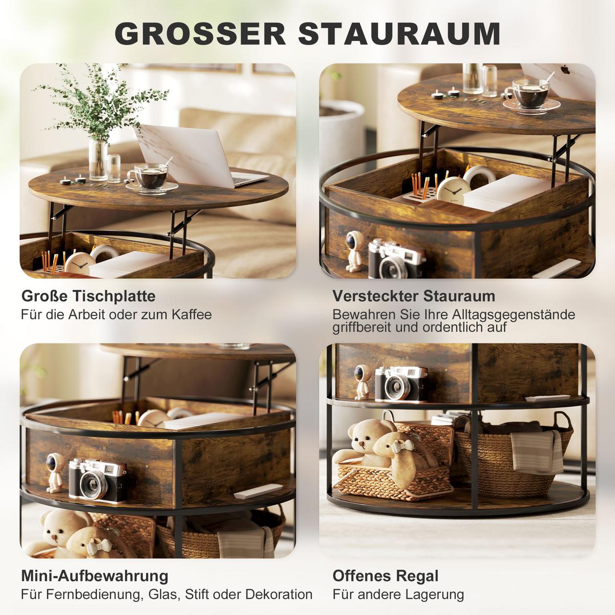 COUCHTISCH höhenverstellbar Wohnzimmertisch mit Ablagefläche, Braun - Braun, Metall (80/80/61.5cm) - HOMCOM