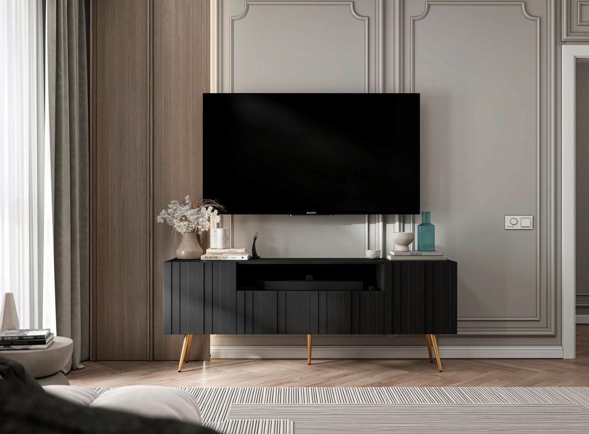 TV-SCHRANK Elpis2 Schwarz Matt mit goldenen Metallbeine Glamour 150 cm - Goldfarben/Schwarz, Holzwerkstoff/Metall (150/60.5/36.5cm) - Meble Lindner