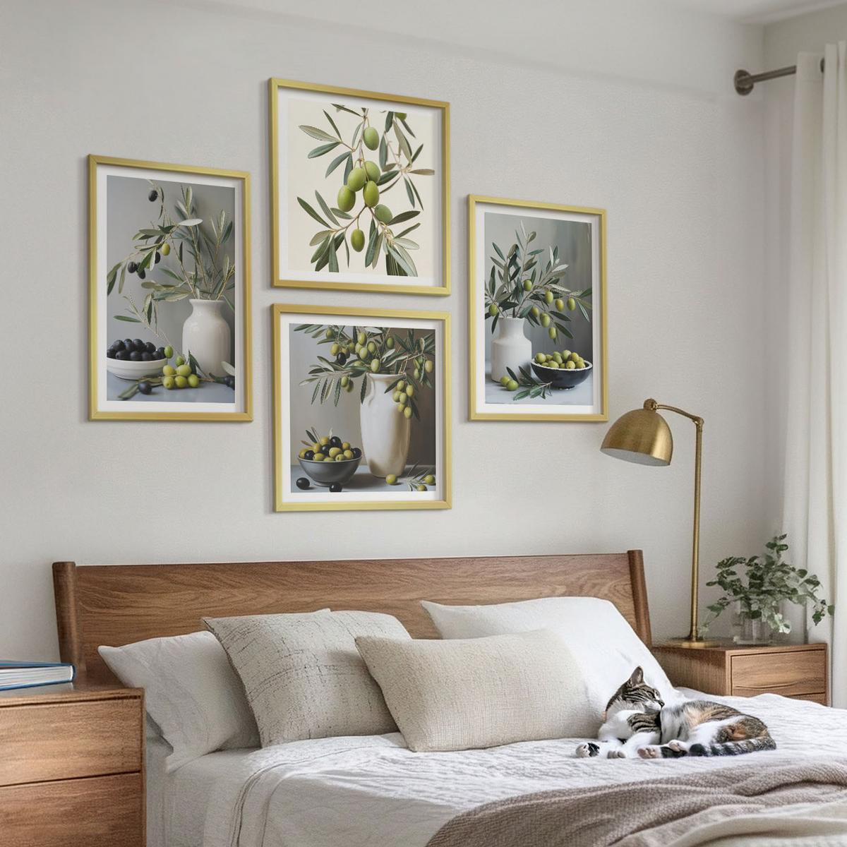 BILDER SET 4er Set - 50x50 cm & 40x60 cm Goldrahmen - Oliven in grauen Vasen - Goldfarben, Kunststoff (50/50cm) - TULUP