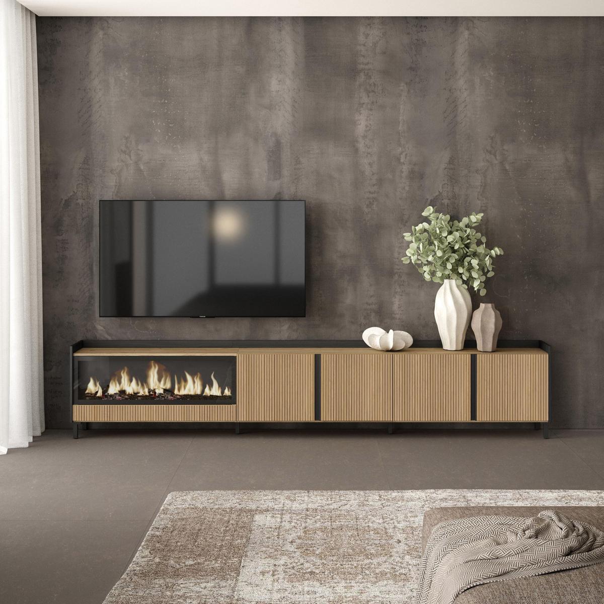 LOWBOARD, Eiche und Schwarz, 315/35/61cm, Elektrokamin XXL, Industriedesign - Eichefarben, Holzwerkstoff (315/61/35cm) - Skraut Home