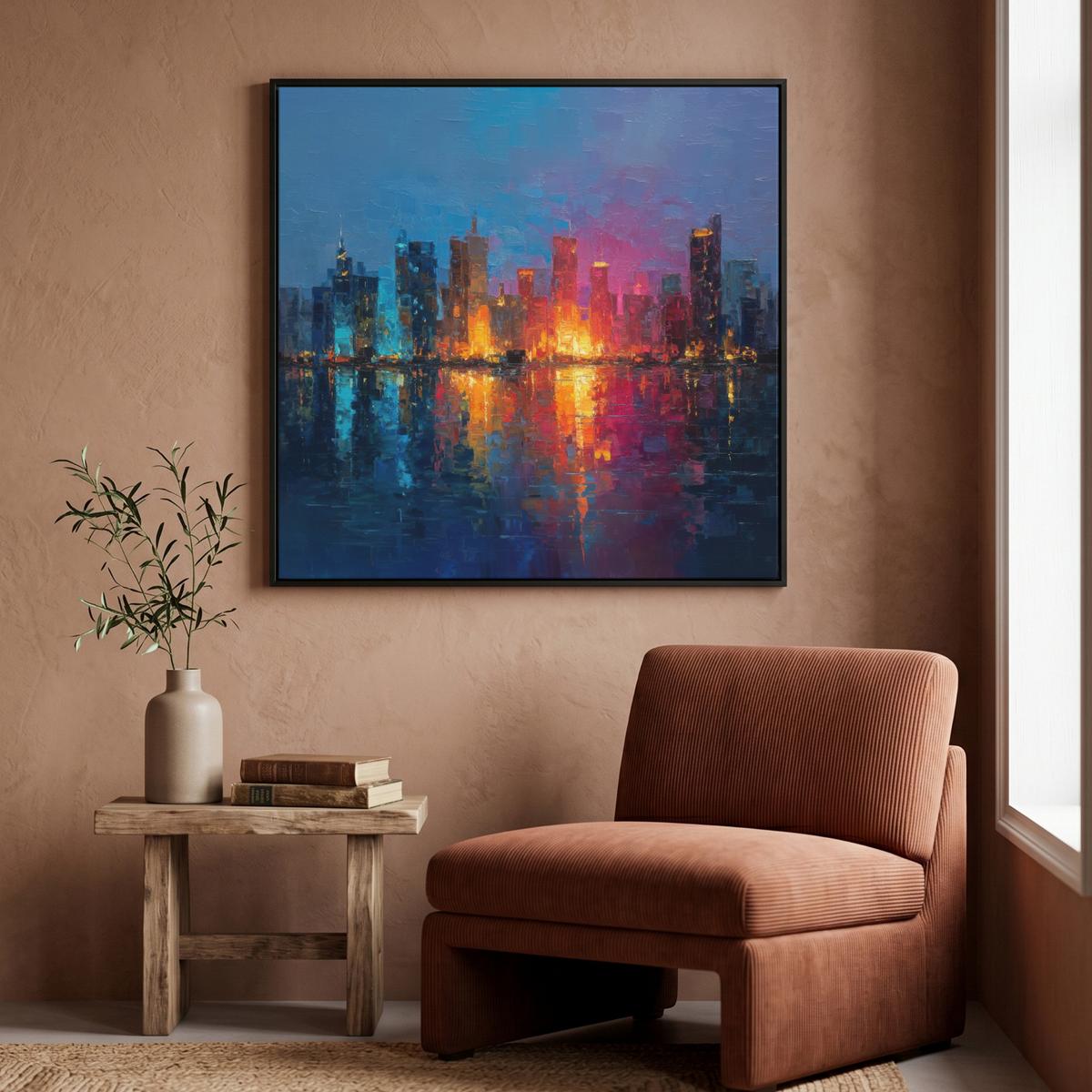 LEINWAND Bilder mit Rahmen - Skyline - Pinselstriche - Dunkelblau - Leuchtend - 90x90 - Blau, Textil (90/90cm) - MuchoWow